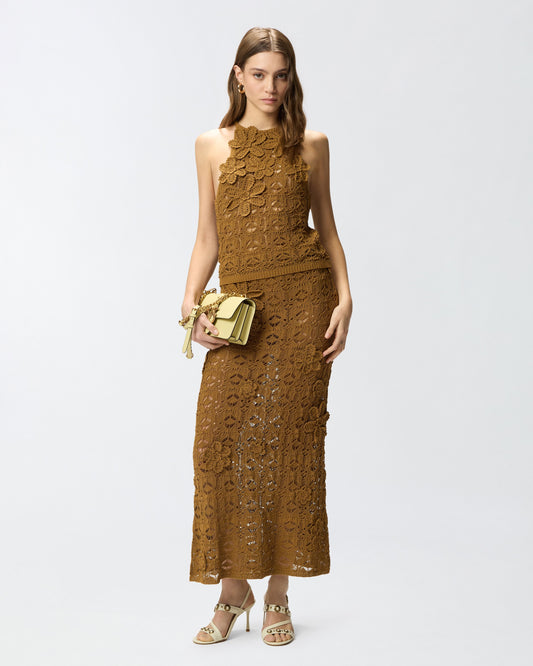 Crochet-effect midi skirt with appliqué flowers
