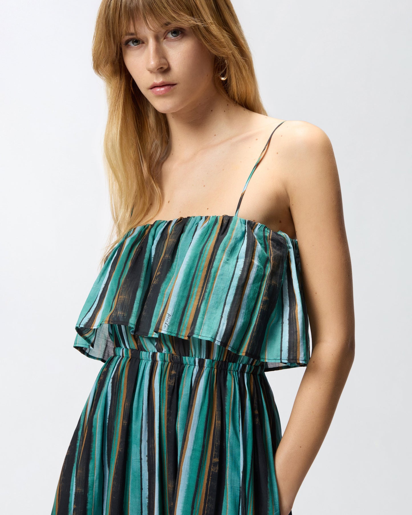 Long muslin dress with brushed striped print