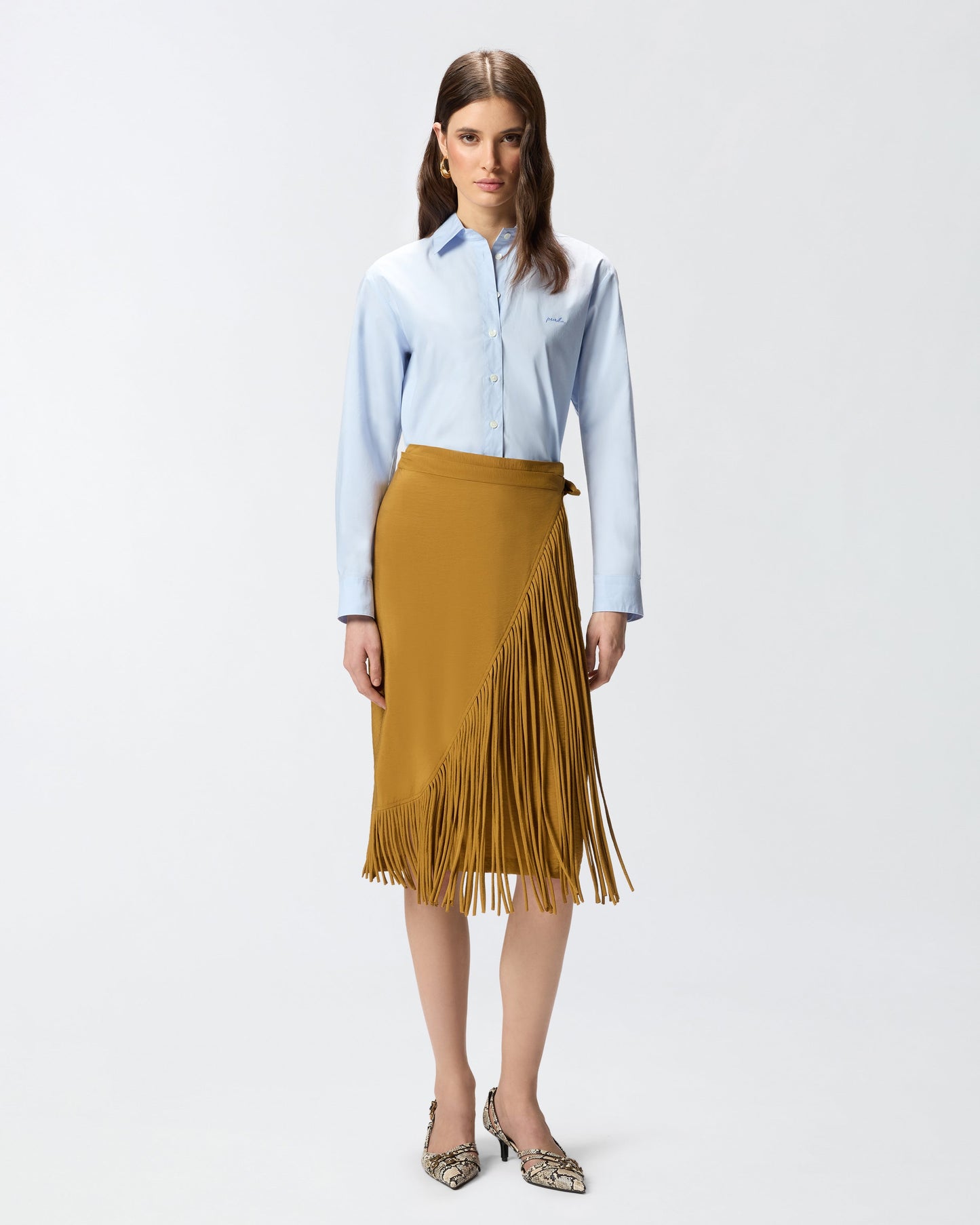 Calf-length wrap skirt with fringing