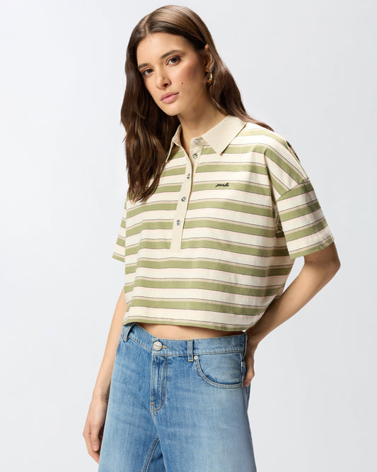 Cropped striped jersey polo with structured collar