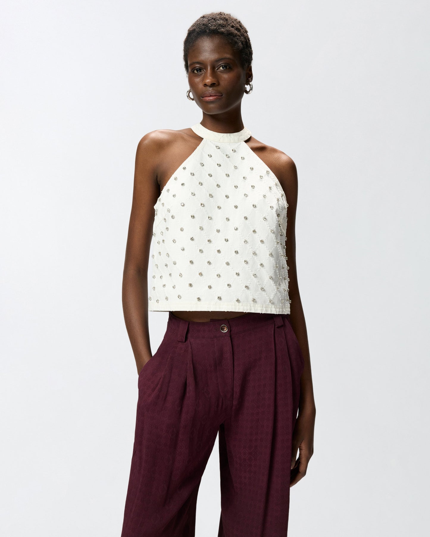 Halterneck top with diamond motif and rhinestones