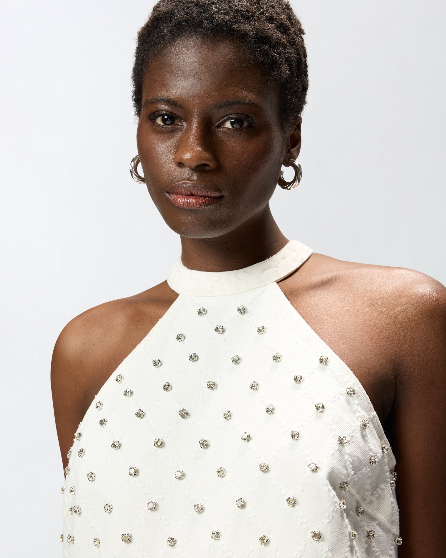 Halterneck top with diamond motif and rhinestones