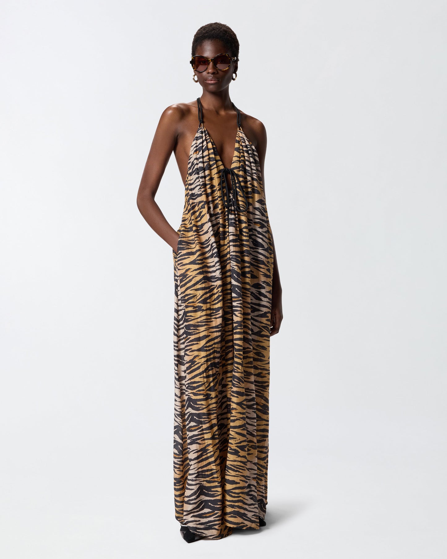 Long halterneck dress with animal print
