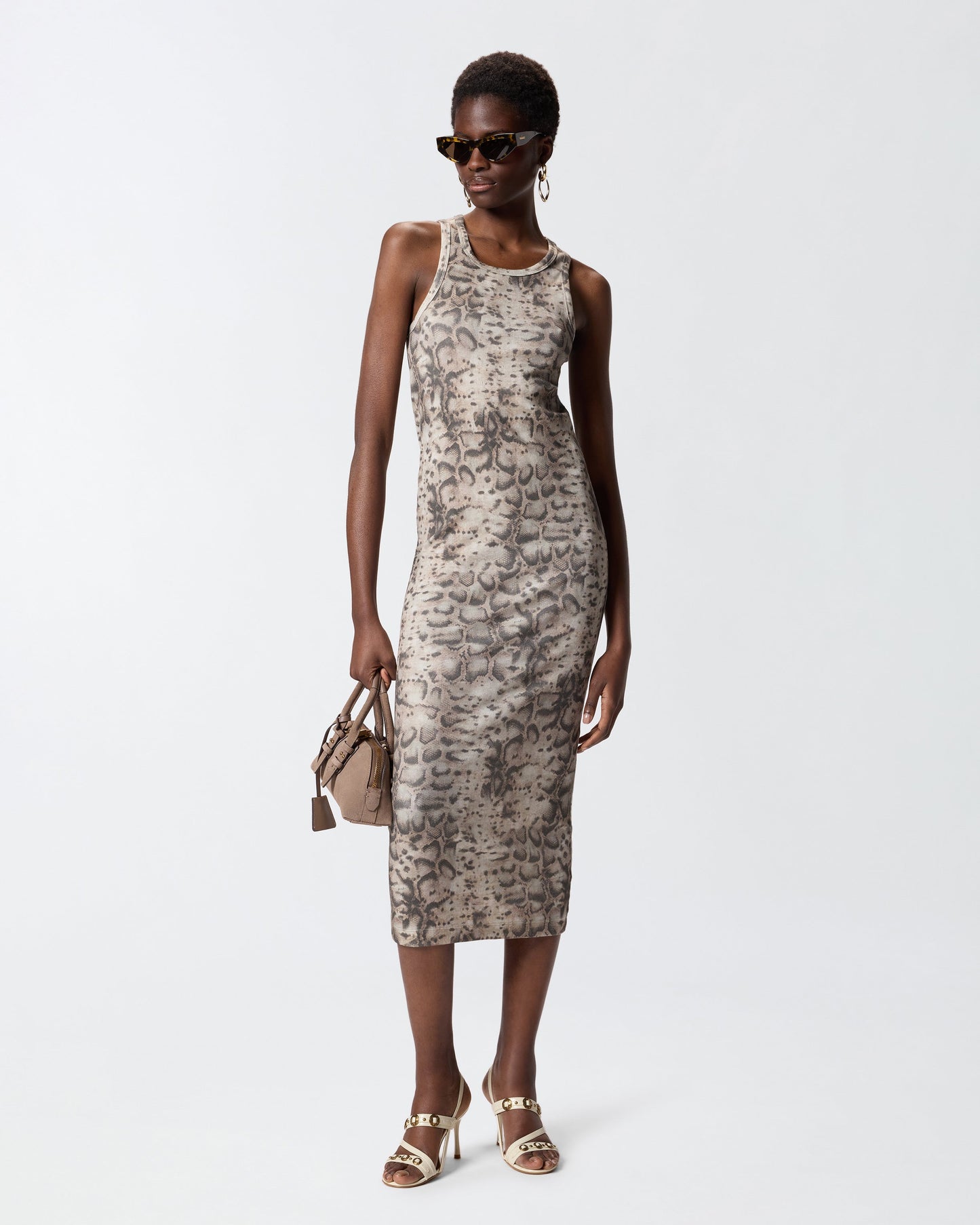Ribbed slim-fit midi dress with snake print