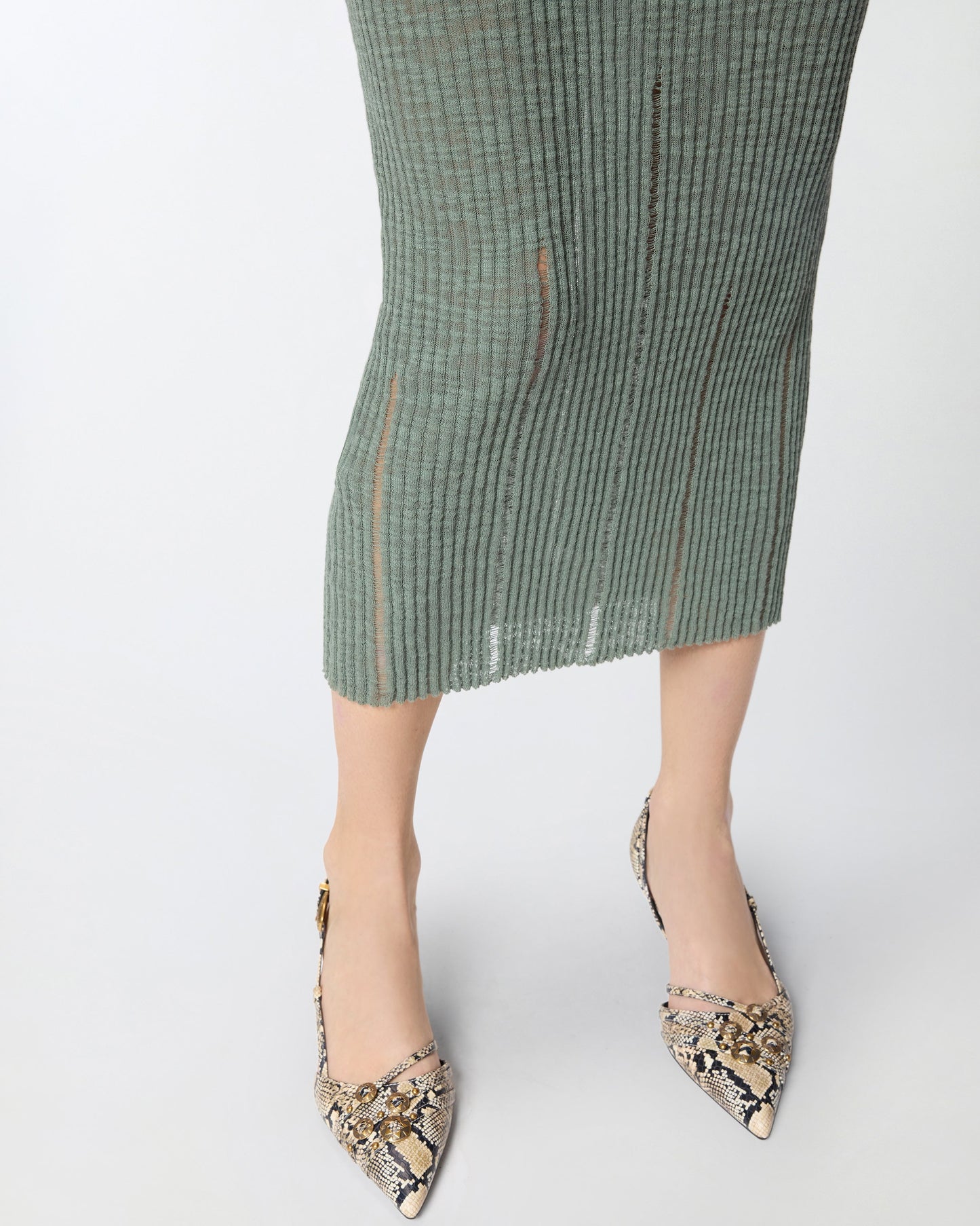 Ribbed slim-fit midi dress with rips