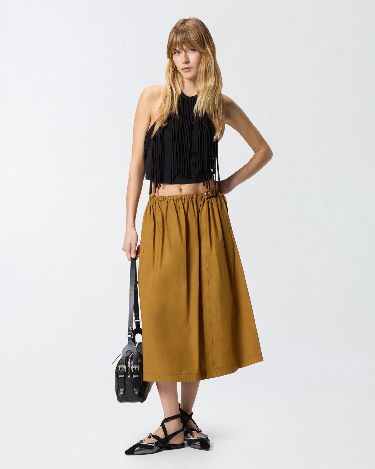 Midi skirt with slit and Texan buckle