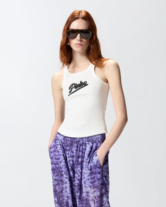 Vest top with logo embroidery and rhinestones
