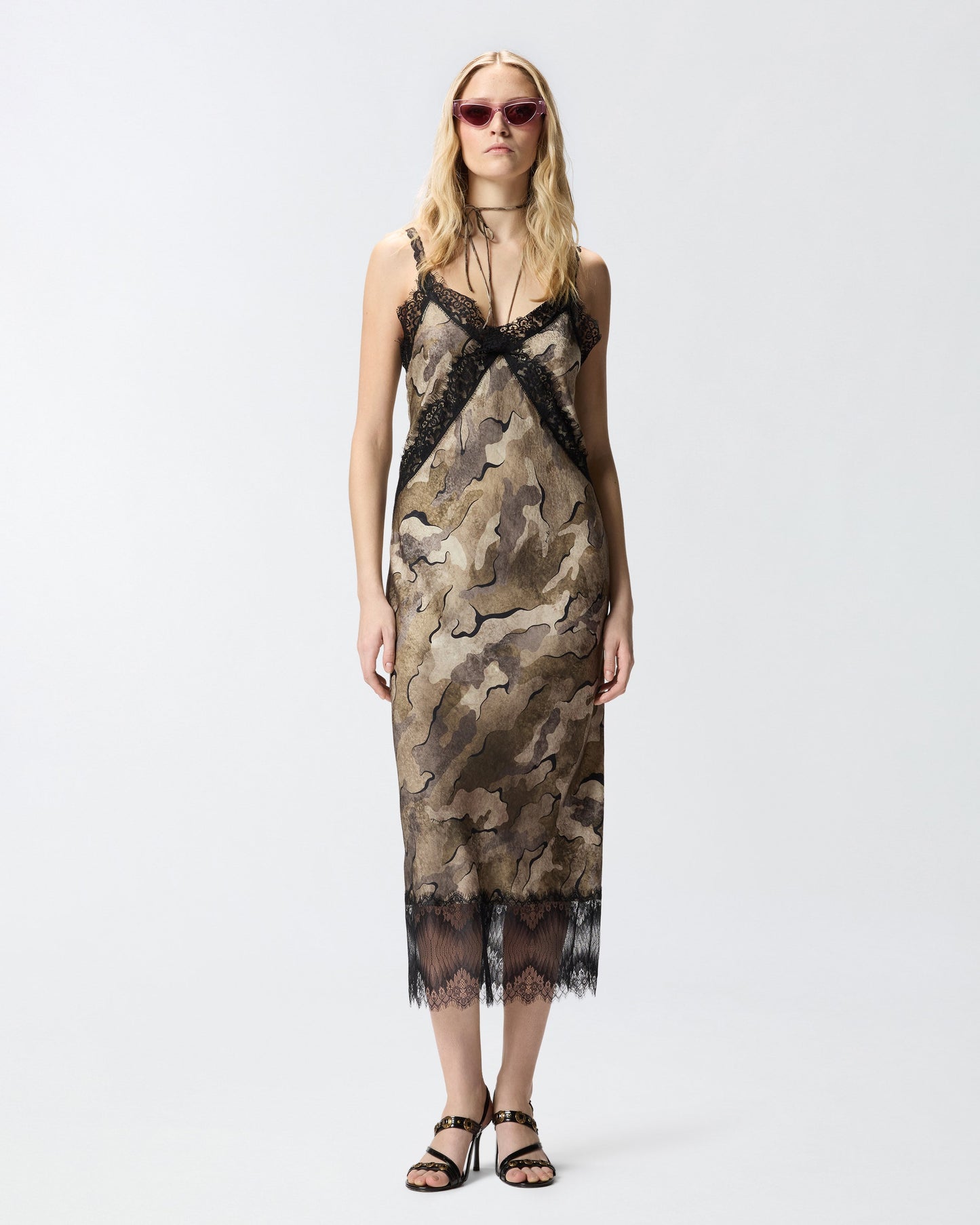 Camouflage midi slip dress with lace