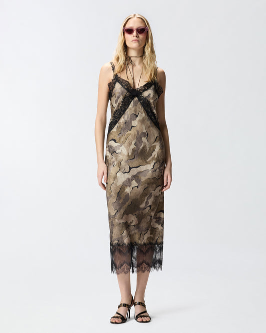 Camouflage midi slip dress with lace