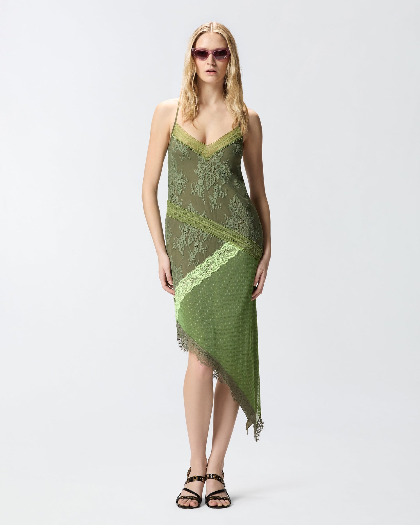 Asymmetric patchwork-effect lace mini dress
