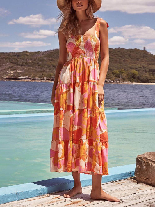 Ärmelloses, plissiertes Stretch-Camikleid mit „Sea Charm“-Print auf der Brust