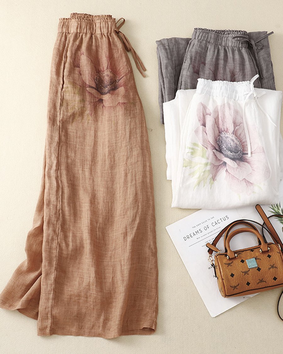 Baumwoll-Leinen-Hose mit platziertem Print und lässigem Temperament