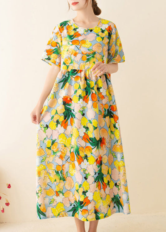 Italienische gelbe bedruckte Tuniken O-Ausschnitt Patchwork lockere Sommerkleider