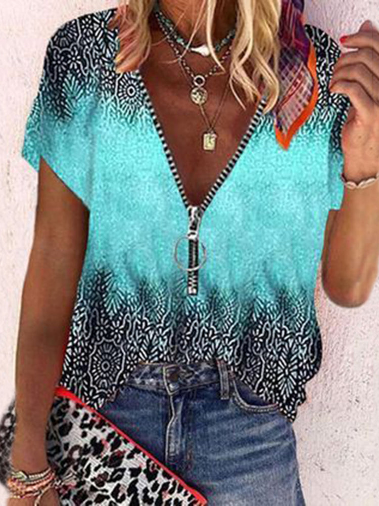 Boho Tribal Print Color Block Bluse mit V-Ausschnitt und Reißverschluss