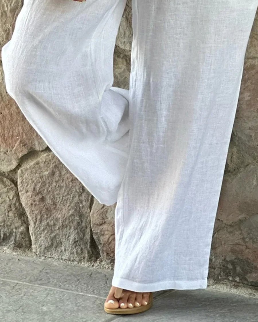 Baumwoll-Leinen-Freizeithose mit Kordelzug und weitem Schnitt