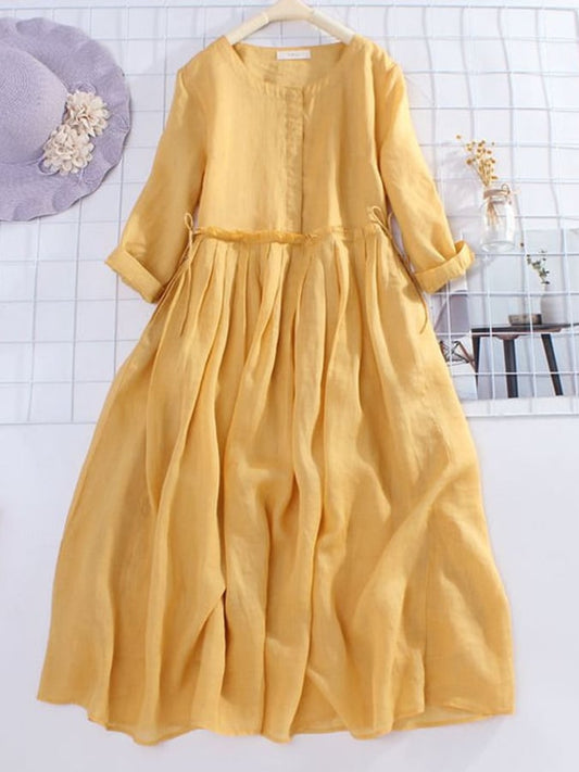 Halbarm Baumwolle Leinen Lockeres Schnürkleid mit weitem Rock