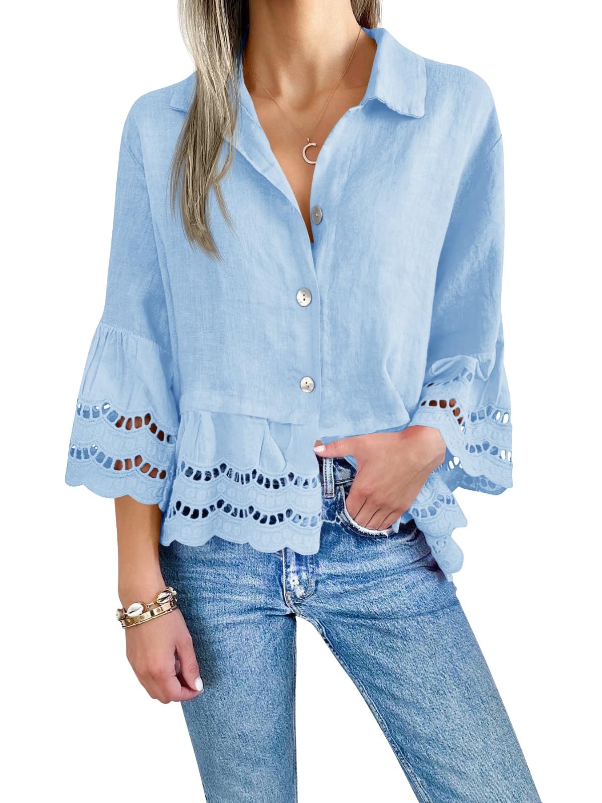 Women's Eyelet Lace Blouse Tops (Buy 2 Free Shipping）