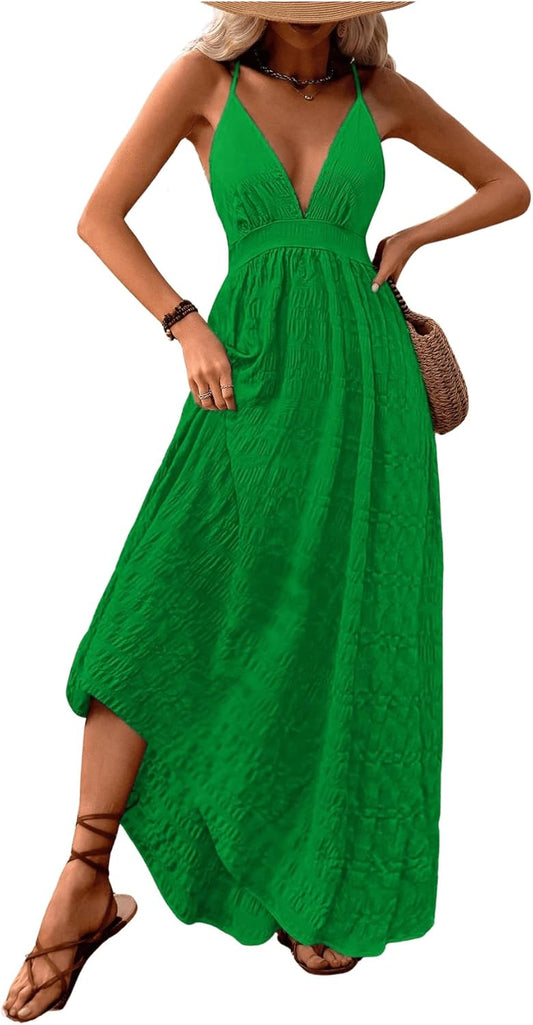 MakeMeChic Damen Boho V-Ausschnitt Ärmelloses Maxi-Sommerkleid Geblümt Kreuz und quer rückenfrei Ausgestelltes Cami-Kleid