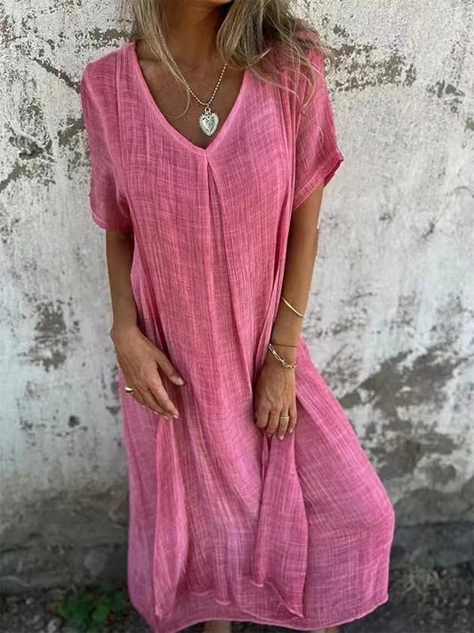 Midi-Kleid mit V-Ausschnitt aus Baumwolle und Leinen (2 kaufen, kostenloser Versand)
