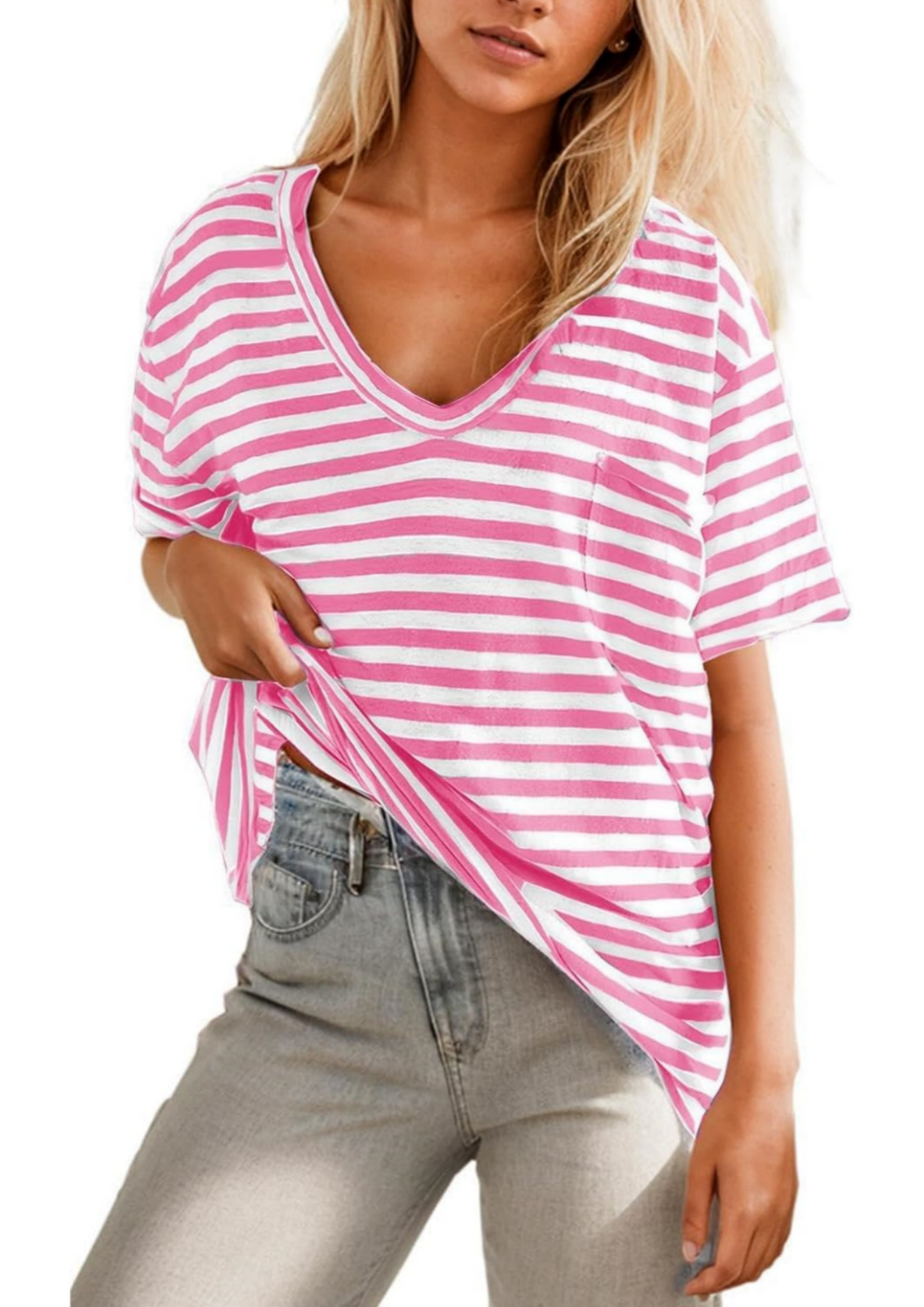 Damen V-Ausschnitt Gestreiftes T-Shirt (3 kaufen, kostenloser Versand)