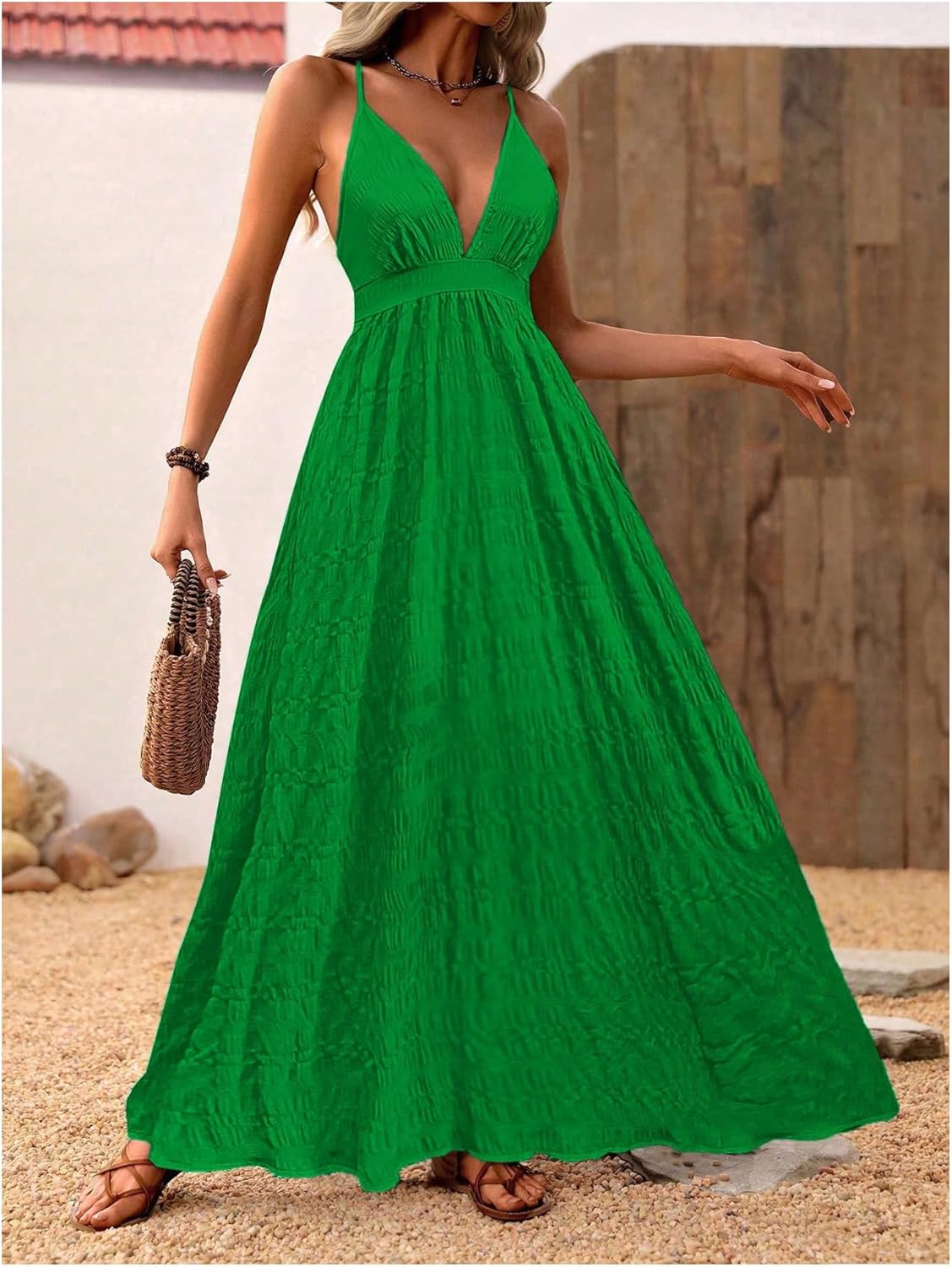 MakeMeChic Women's Boho V Neck Sleeveless Maxi Sundress Floral Print Criss Cross Backless Flare Cami Dress