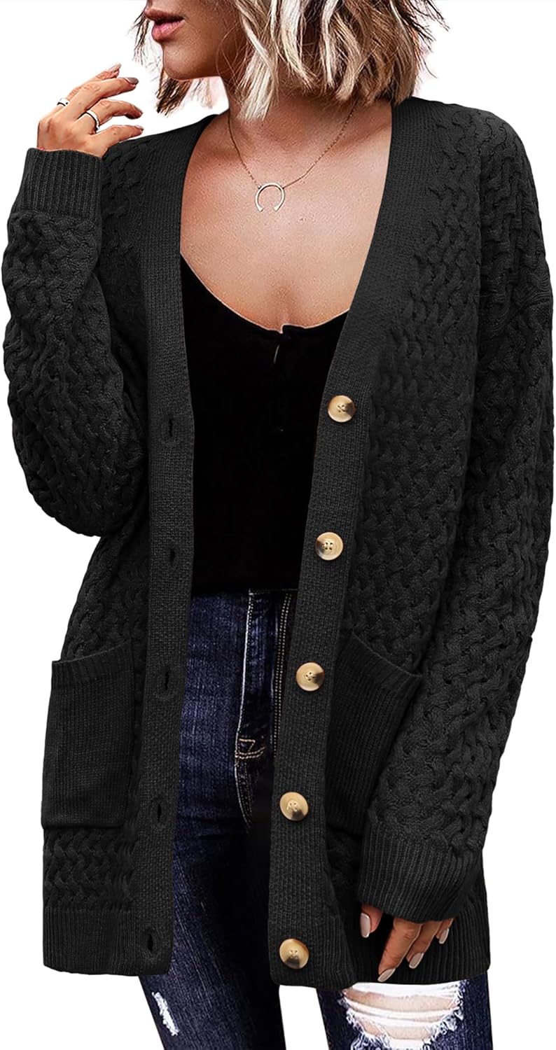 Zeagoo Damen Langarm Grobstrick Cardigan Herbststrickjacken Knopfleiste Offen Vorne Oberbekleidung mit Taschen 2024