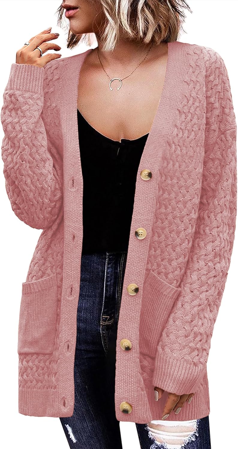 Zeagoo Damen Langarm Grobstrick Cardigan Herbststrickjacken Knopfleiste Offen Vorne Oberbekleidung mit Taschen 2024