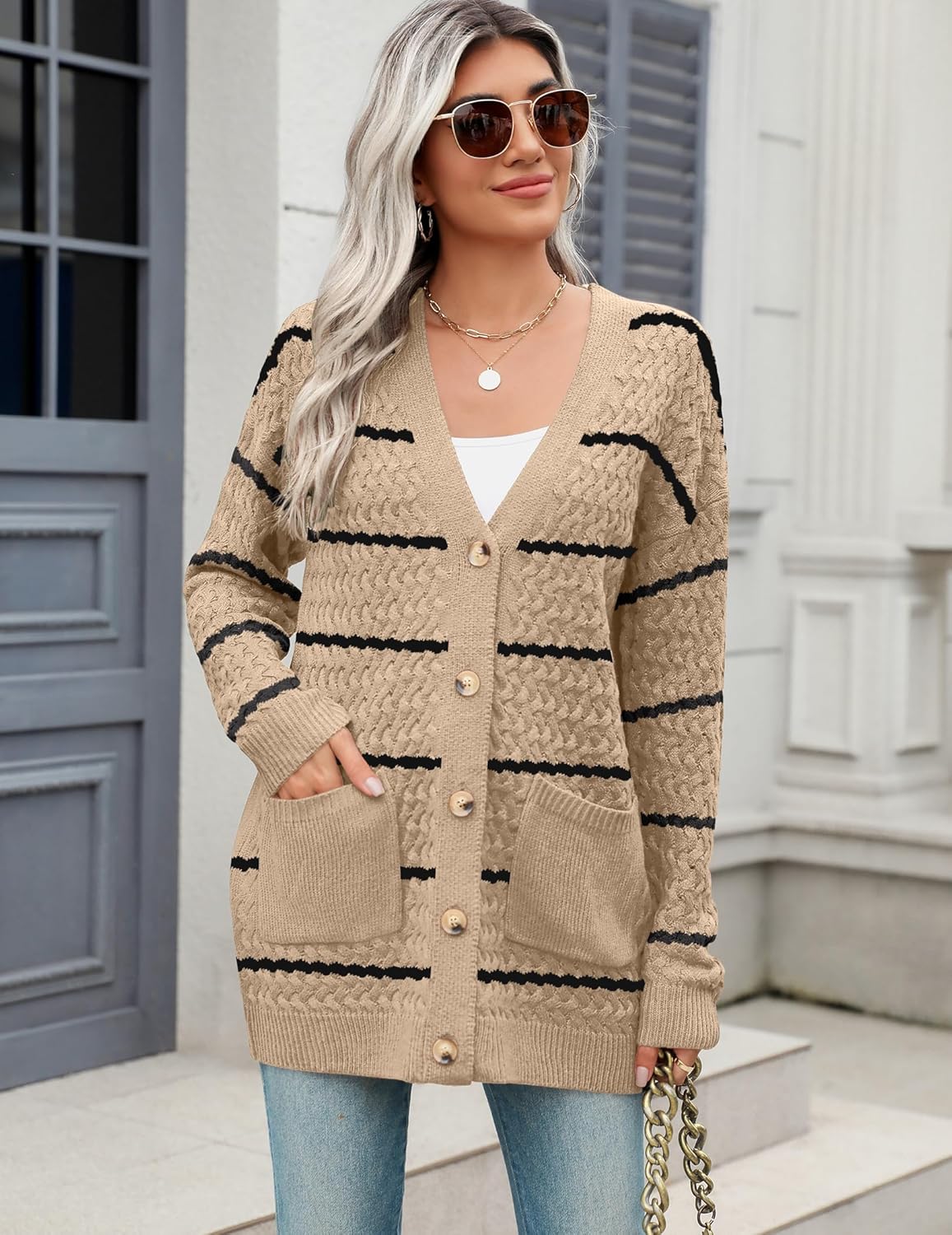 Zeagoo Damen Langarm Grobstrick Cardigan Herbststrickjacken Knopfleiste Offen Vorne Oberbekleidung mit Taschen 2024
