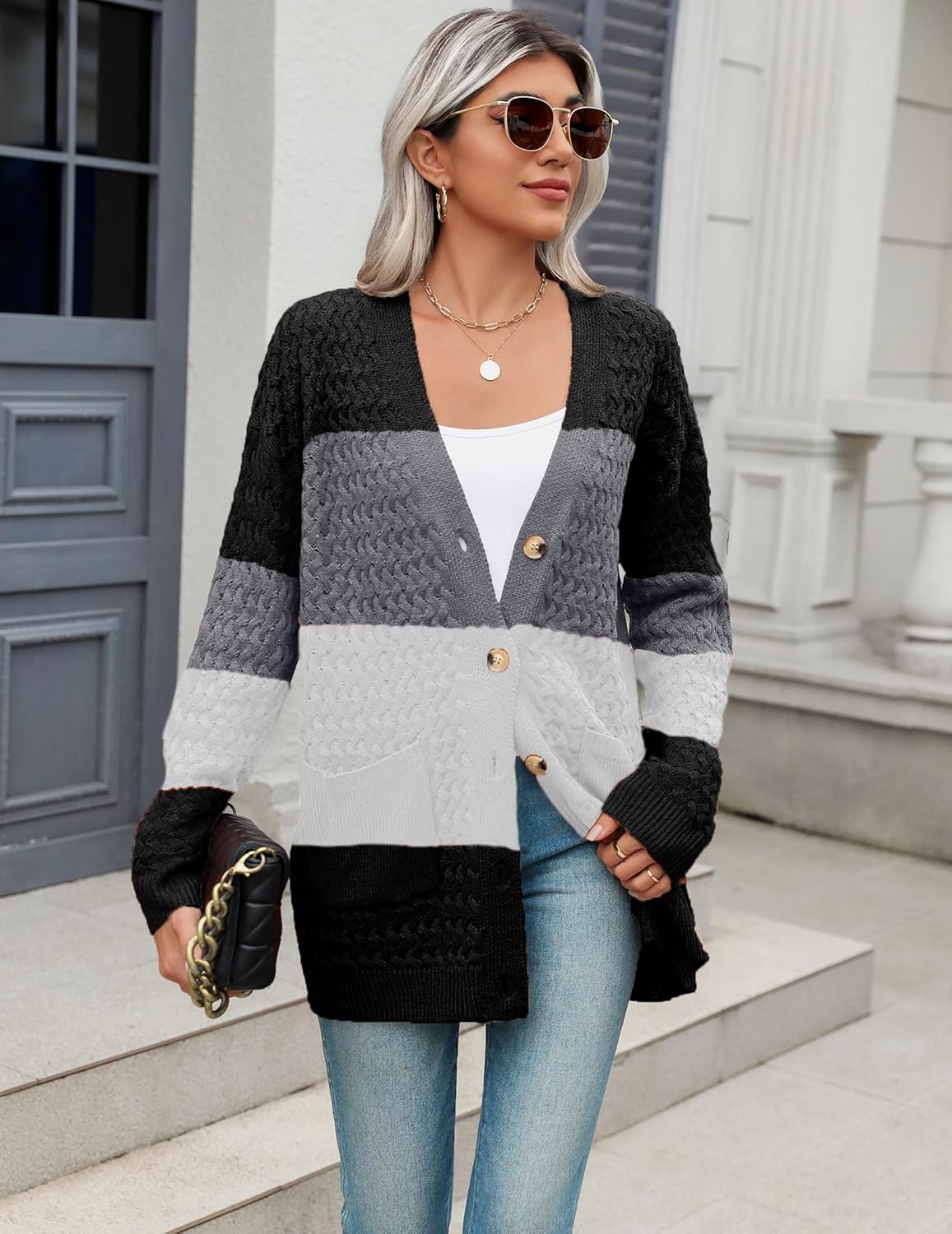 Zeagoo Damen Langarm Grobstrick Cardigan Herbststrickjacken Knopfleiste Offen Vorne Oberbekleidung mit Taschen 2024