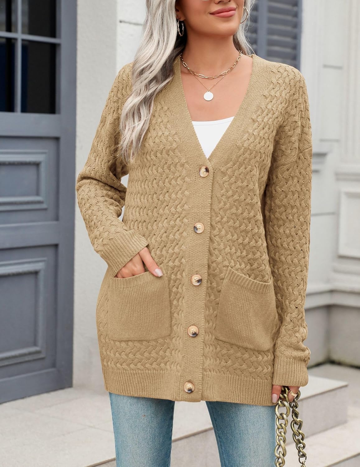 Zeagoo Damen Langarm Grobstrick Cardigan Herbststrickjacken Knopfleiste Offen Vorne Oberbekleidung mit Taschen 2024