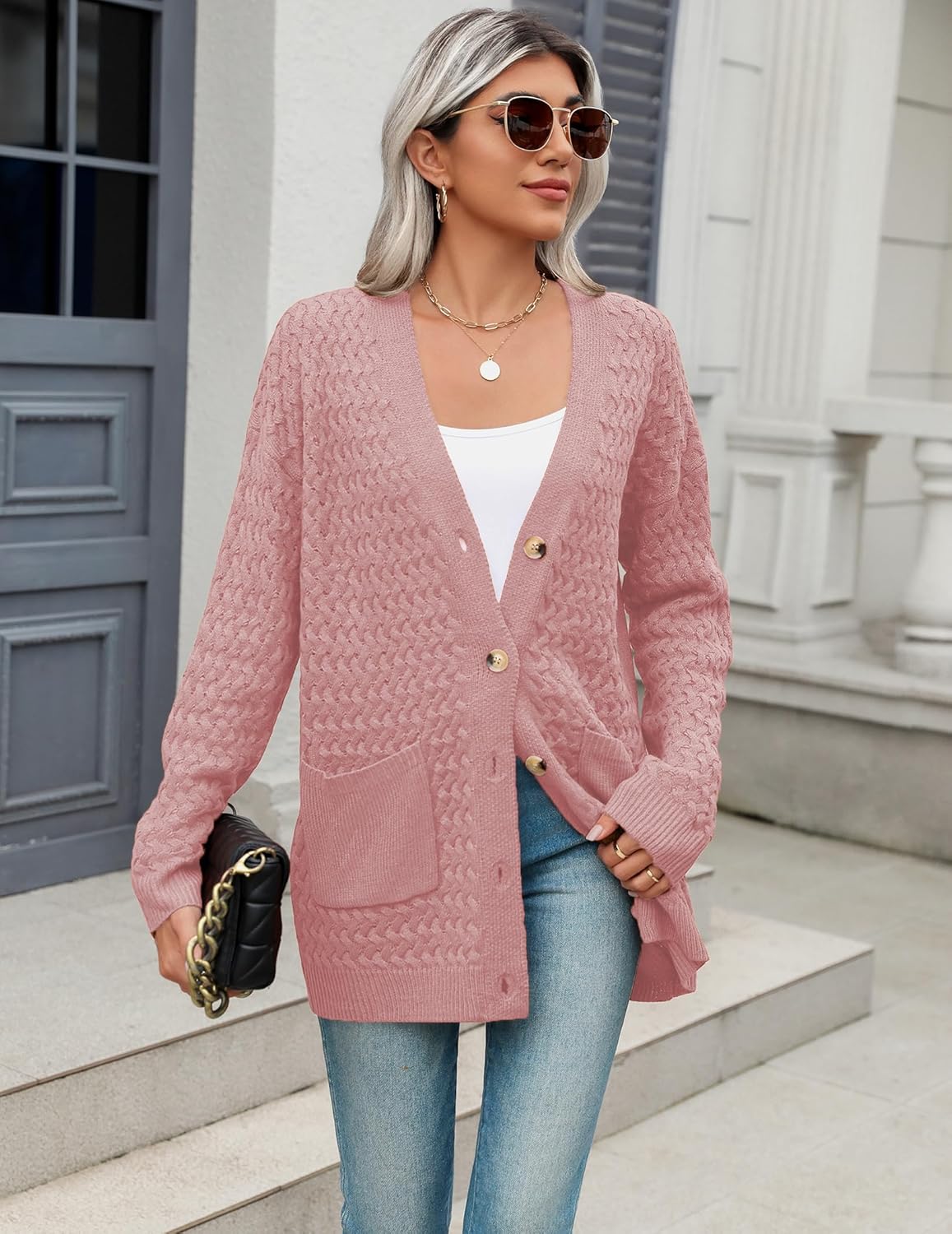 Zeagoo Damen Langarm Grobstrick Cardigan Herbststrickjacken Knopfleiste Offen Vorne Oberbekleidung mit Taschen 2024