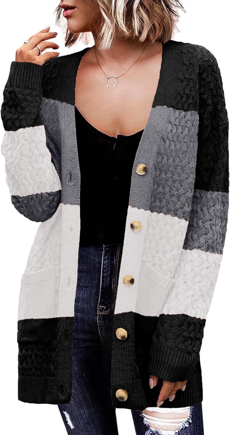 Zeagoo Damen Langarm Grobstrick Cardigan Herbststrickjacken Knopfleiste Offen Vorne Oberbekleidung mit Taschen 2024