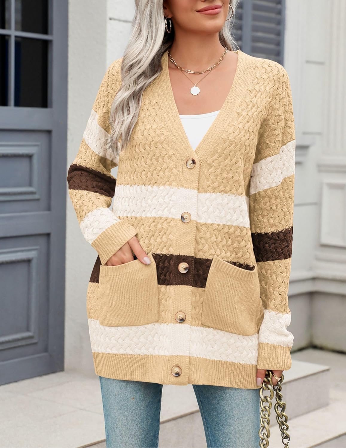 Zeagoo Damen Langarm Grobstrick Cardigan Herbststrickjacken Knopfleiste Offen Vorne Oberbekleidung mit Taschen 2024