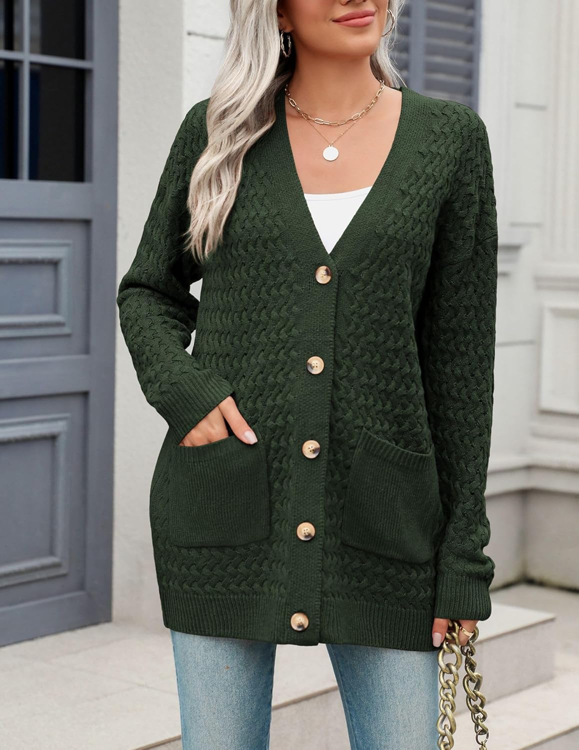 Zeagoo Damen Langarm Grobstrick Cardigan Herbststrickjacken Knopfleiste Offen Vorne Oberbekleidung mit Taschen 2024