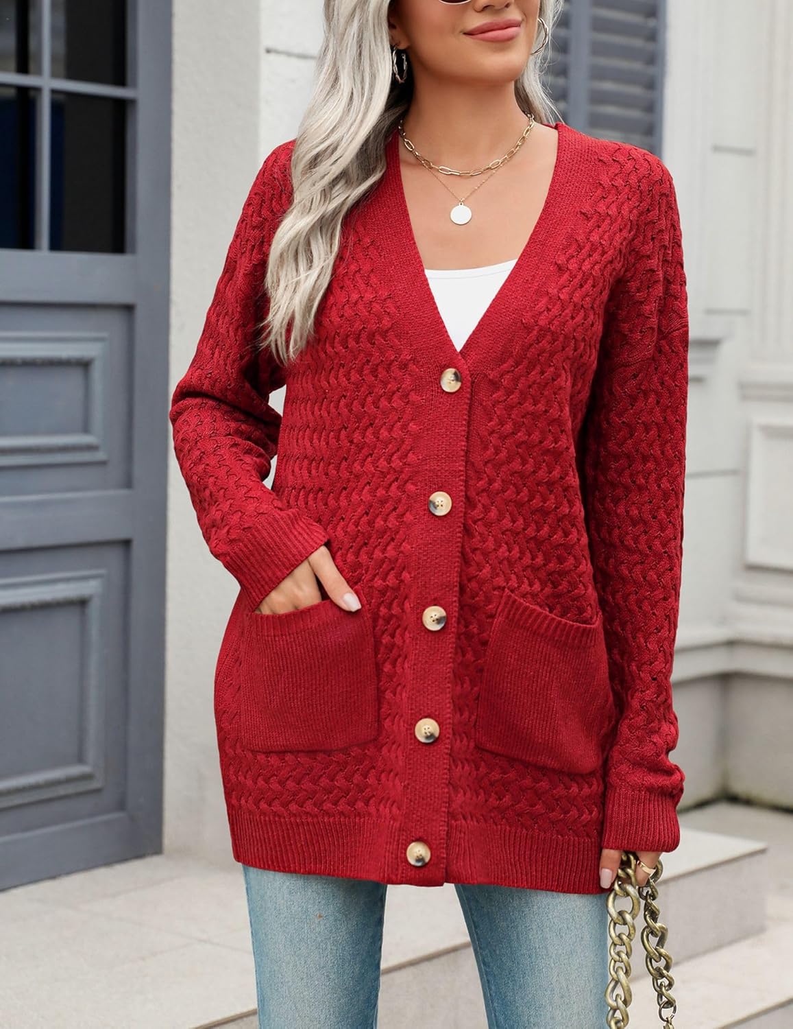 Zeagoo Damen Langarm Grobstrick Cardigan Herbststrickjacken Knopfleiste Offen Vorne Oberbekleidung mit Taschen 2024