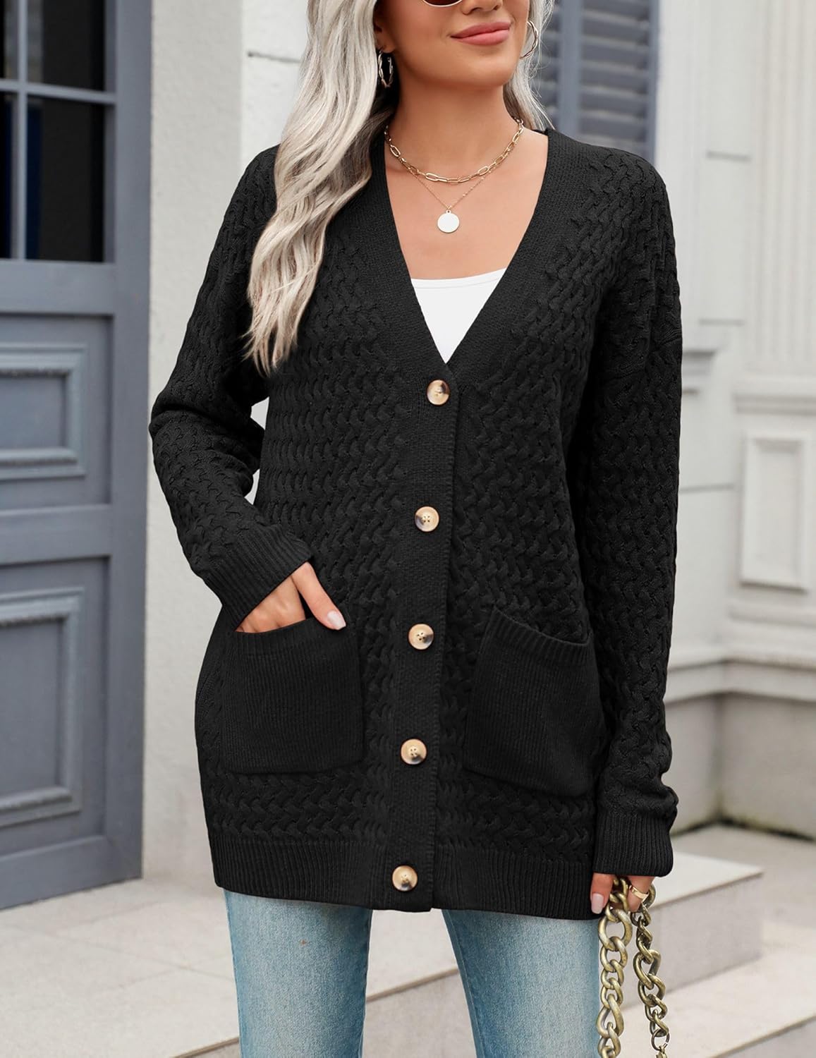 Zeagoo Damen Langarm Grobstrick Cardigan Herbststrickjacken Knopfleiste Offen Vorne Oberbekleidung mit Taschen 2024
