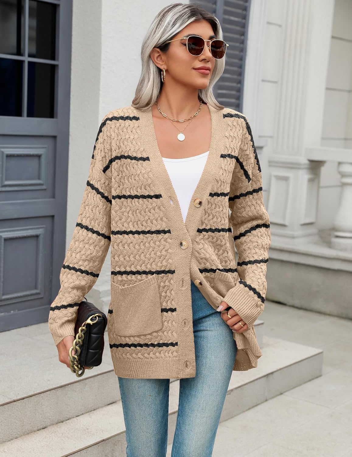 Zeagoo Damen Langarm Grobstrick Cardigan Herbststrickjacken Knopfleiste Offen Vorne Oberbekleidung mit Taschen 2024