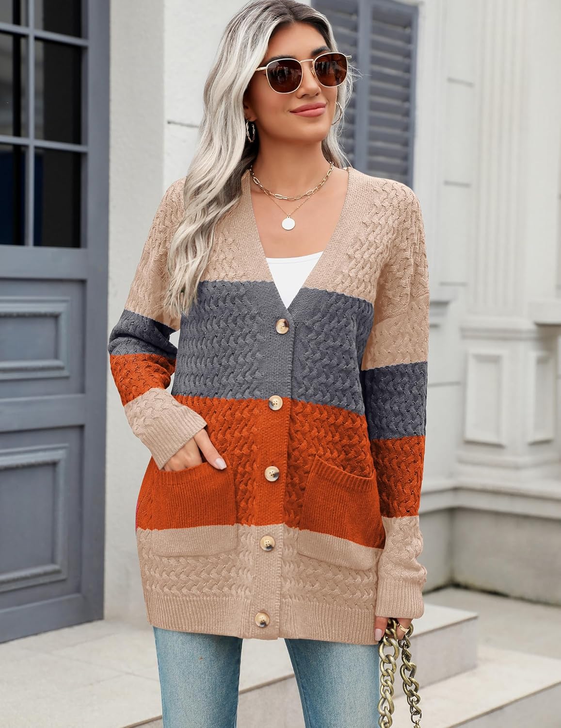 Zeagoo Damen Langarm Grobstrick Cardigan Herbststrickjacken Knopfleiste Offen Vorne Oberbekleidung mit Taschen 2024