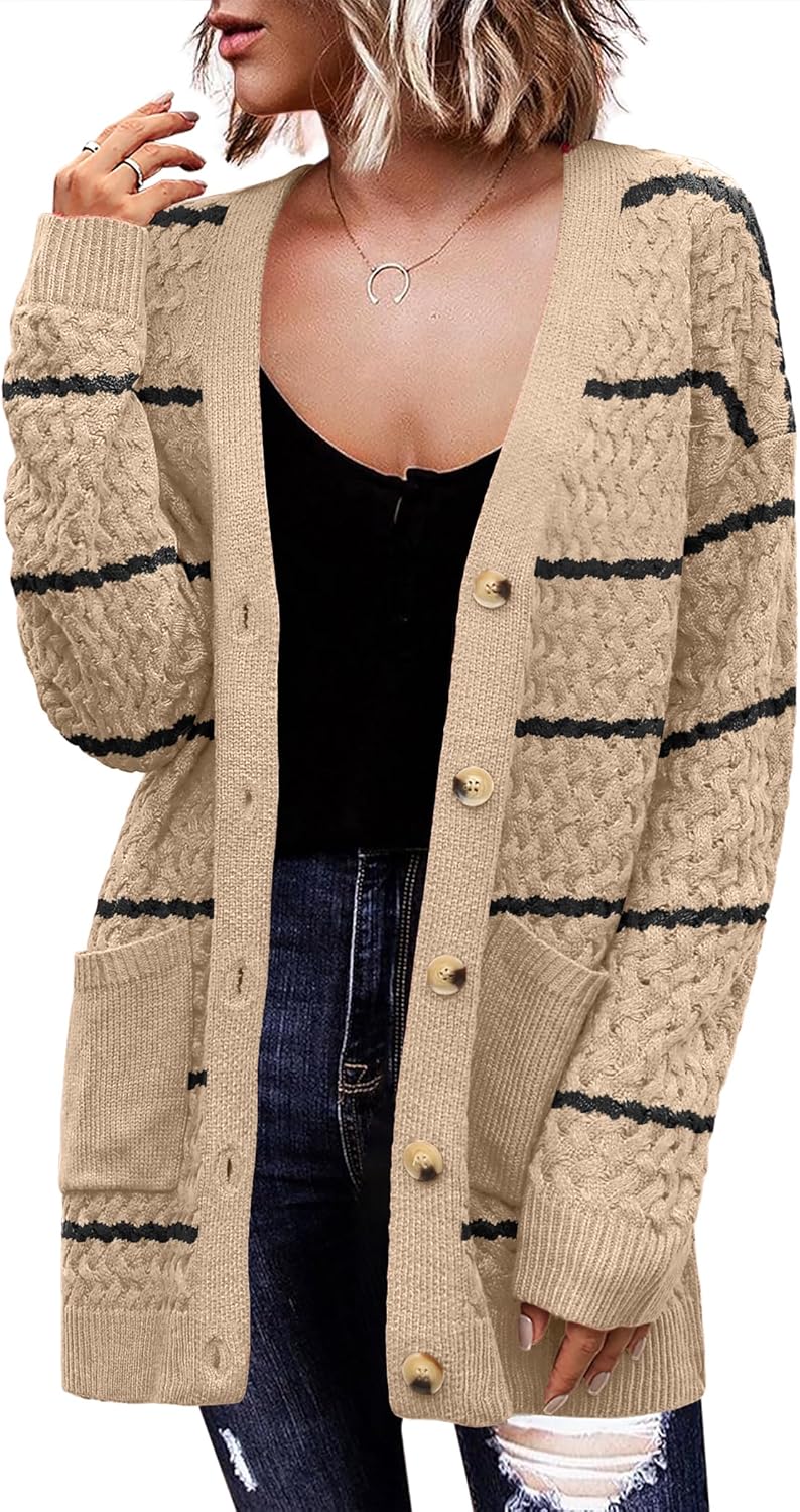 Zeagoo Damen Langarm Grobstrick Cardigan Herbststrickjacken Knopfleiste Offen Vorne Oberbekleidung mit Taschen 2024