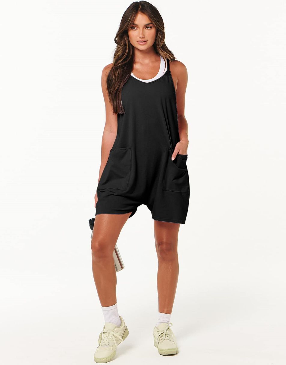 Anrabess Casual Rompers Loose Spaghetti Strap Shorts Jumpsuit with Pockets