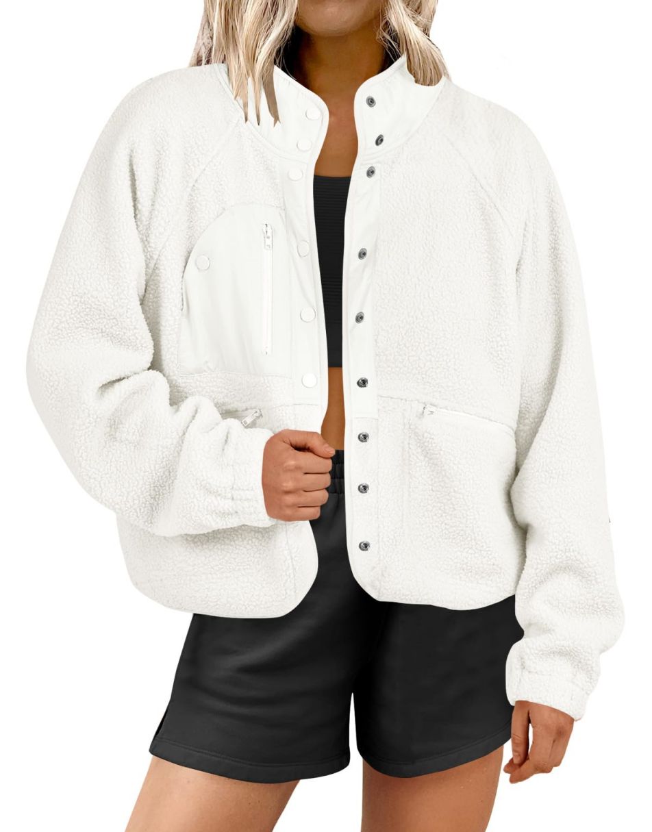 ANRABESS Womens Fleece Jacket Button Down Shacket Casual Sherpa Cropped Coats Warm Outwear with Pockets