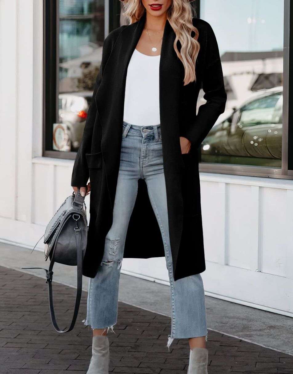 ANRABESS Women's Casual Long Sleeve Draped Open Front Knit Pockets Long Cardigan Jackets Sweater