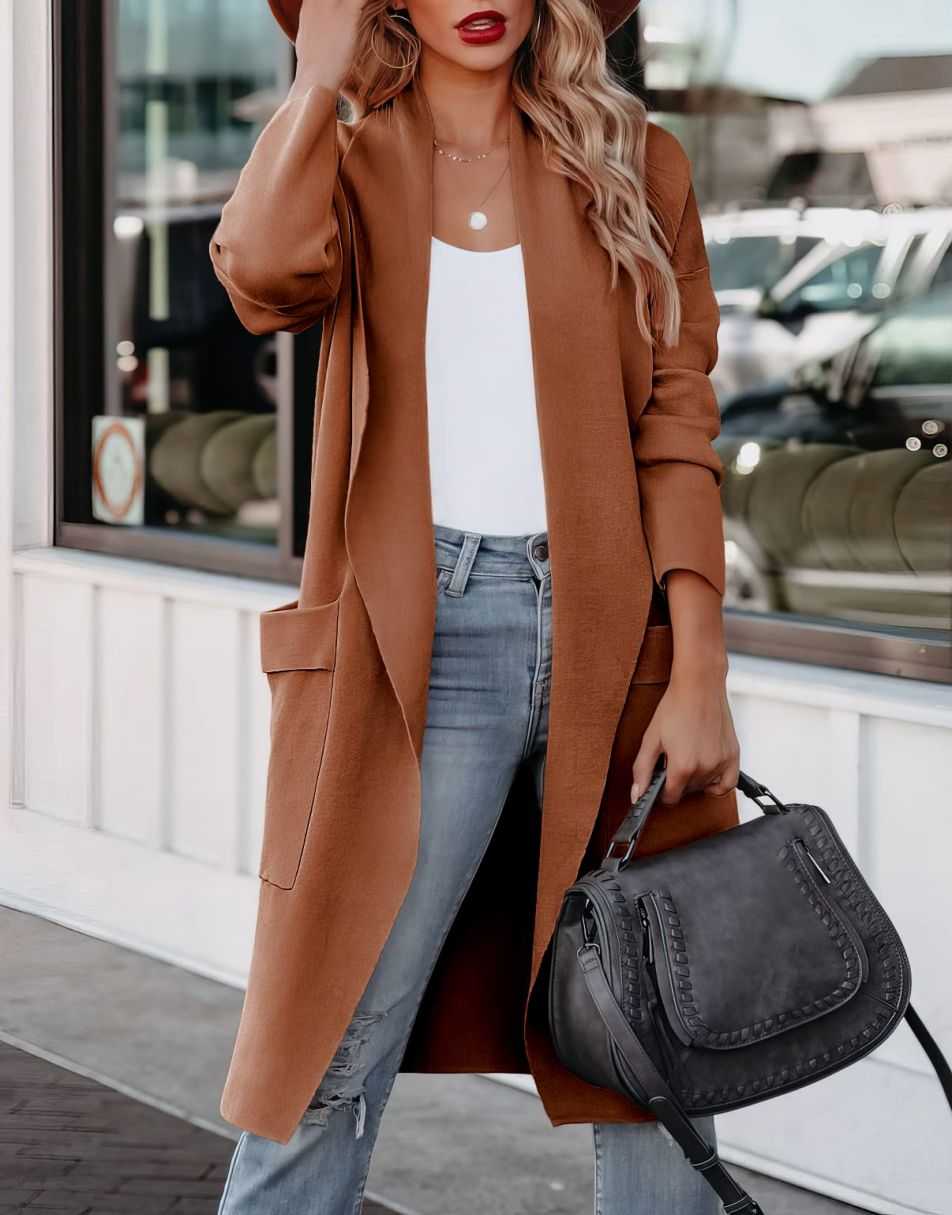 ANRABESS Women's Casual Long Sleeve Draped Open Front Knit Pockets Long Cardigan Jackets Sweater
