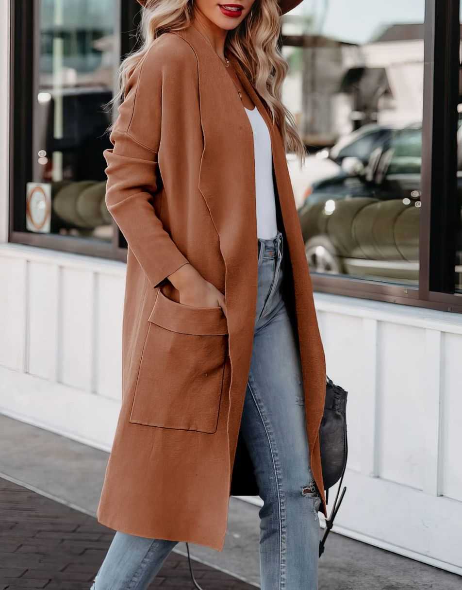 ANRABESS Women's Casual Long Sleeve Draped Open Front Knit Pockets Long Cardigan Jackets Sweater