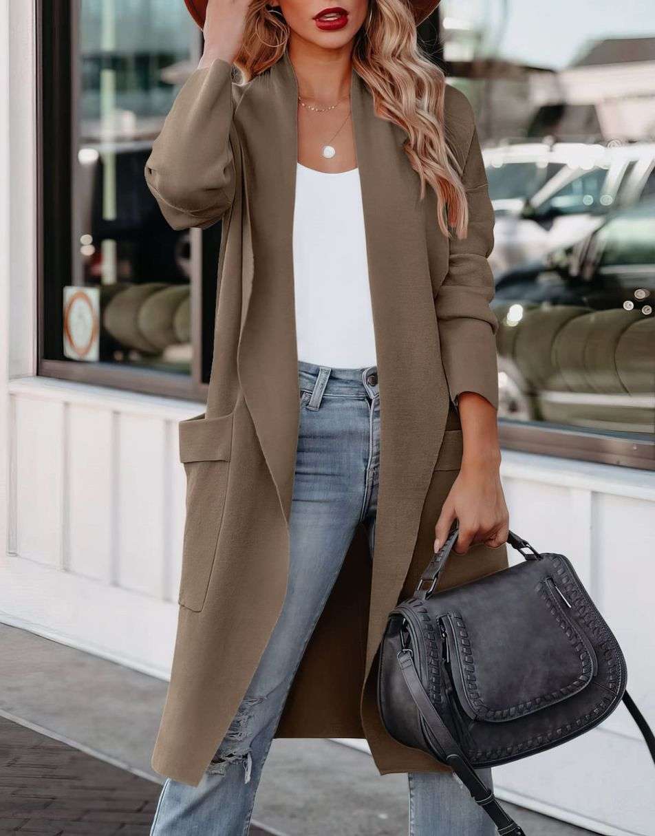 ANRABESS Women's Casual Long Sleeve Draped Open Front Knit Pockets Long Cardigan Jackets Sweater
