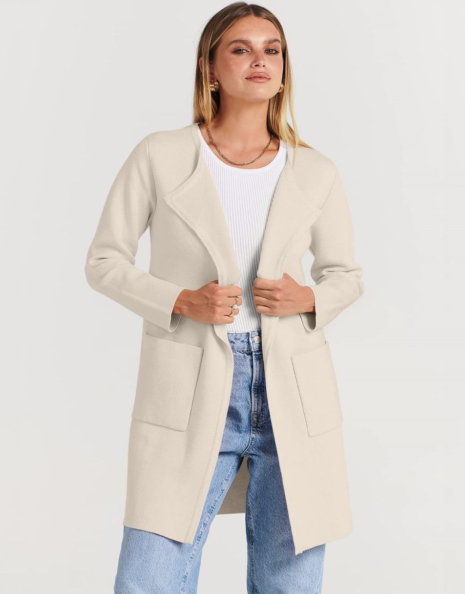 ANRABESS Women's Open Front Knit Cardigan Long Sleeve Lapel Casual Solid Classy Sweater Jacket
