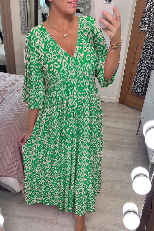 2024 Neues böhmisches legeres V-Ausschnitt-Kleid mit Print (2 kaufen, kostenloser Versand)