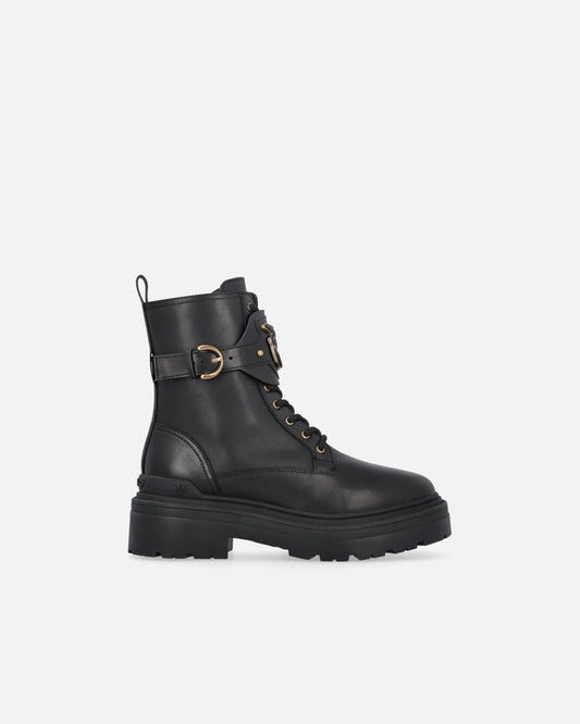 Leather combat boots with branded front strap