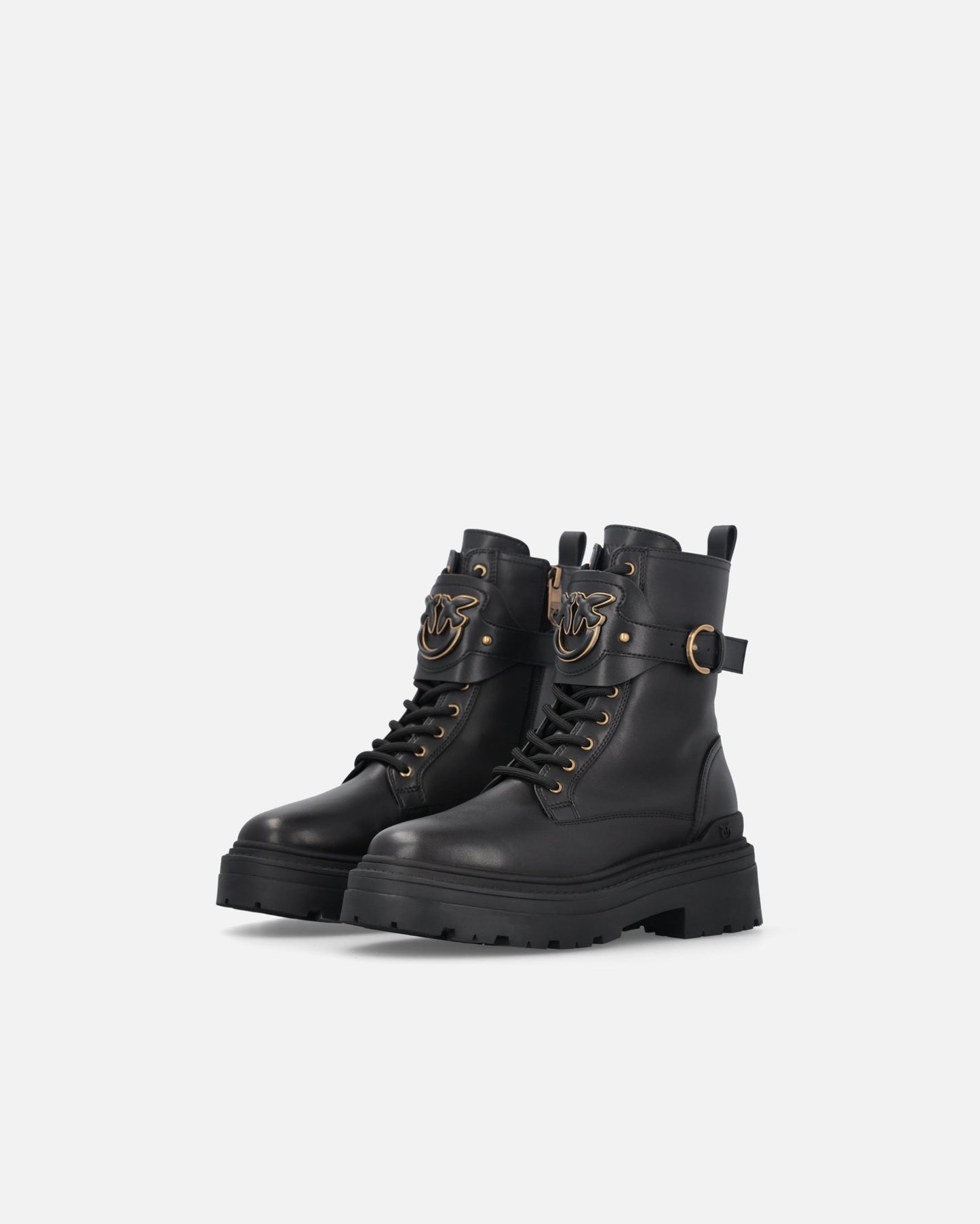 Leather combat boots with branded front strap