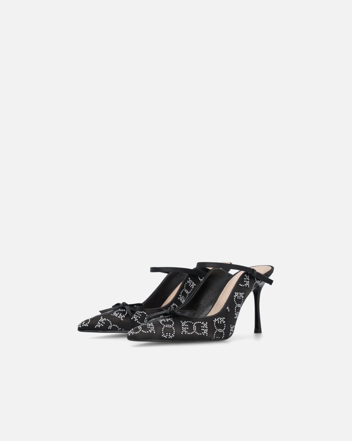 Rhinestoned satin slip-ons with heel